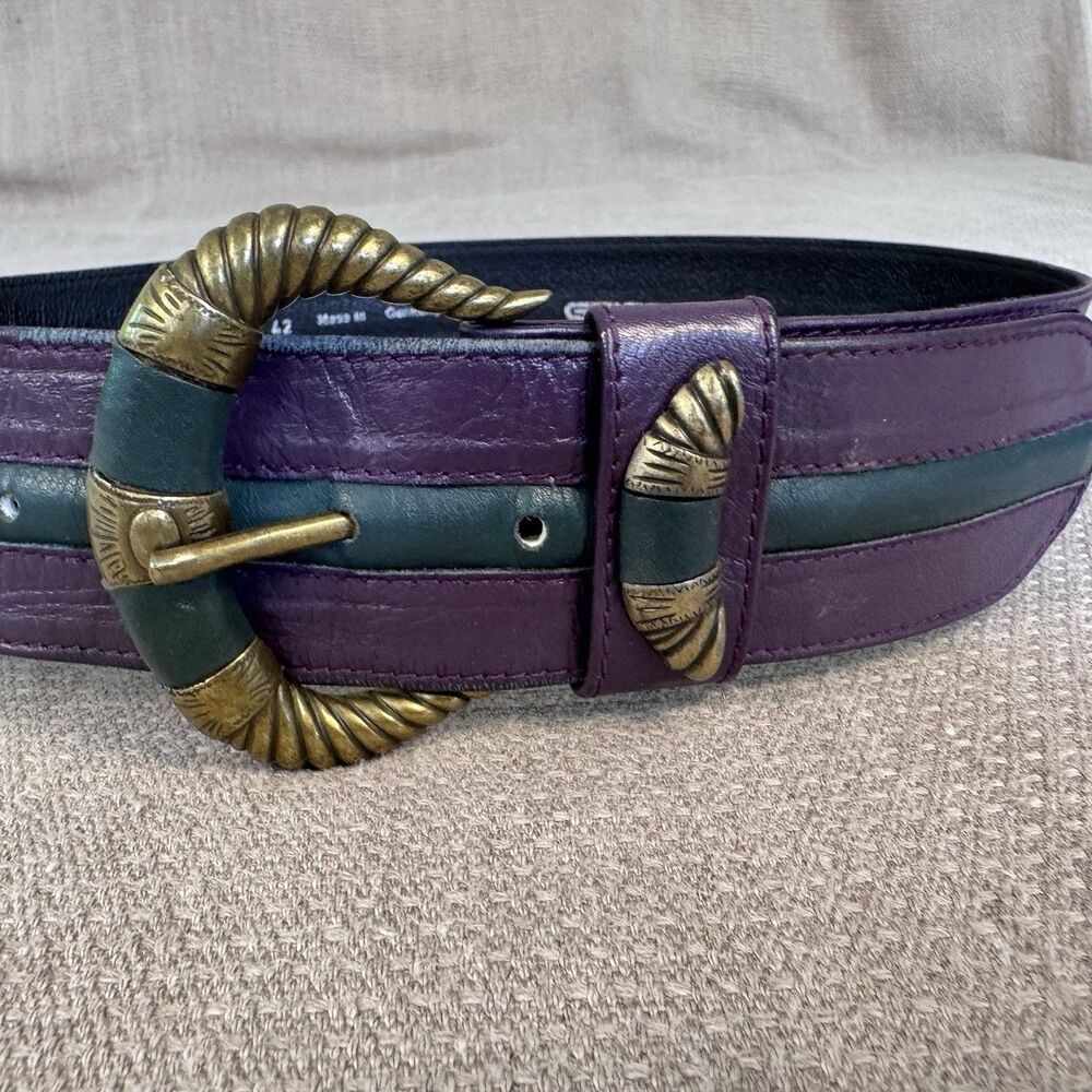 Vintage Geiger Wide Leather Belt Large Gold Buckle Sz S Purple Green Retro 550